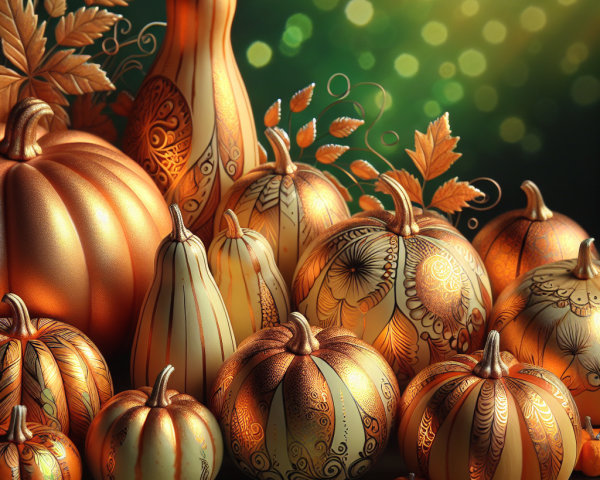 Intricately Designed Pumpkins on Green Background
