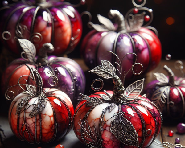 Decorative Pumpkins in Red and Purple with Accents