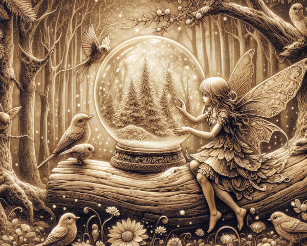 Fairy in Enchanted Forest with Magical Snow Globe