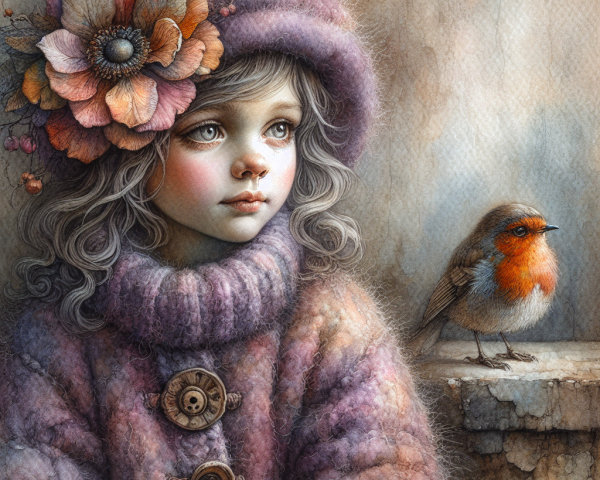 Young girl in pastel sweater with robin companion