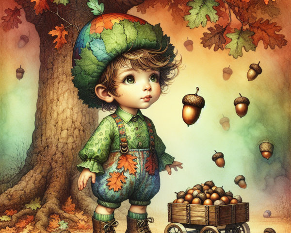 Whimsical Autumn Scene with Boy and Falling Acorns