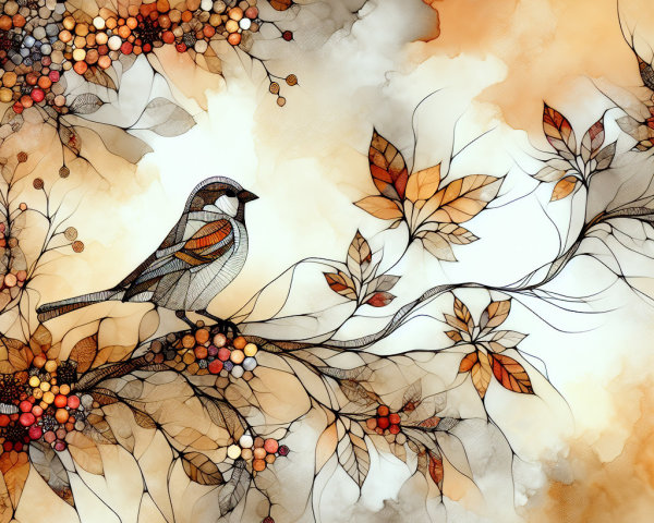 Illustration of a bird on a branch with leaves and berries