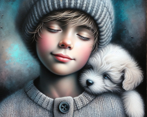 Young Boy with Puppy in Serene Cozy Setting