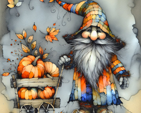 Whimsical Gnome with Colorful Pumpkins in Autumn Scene