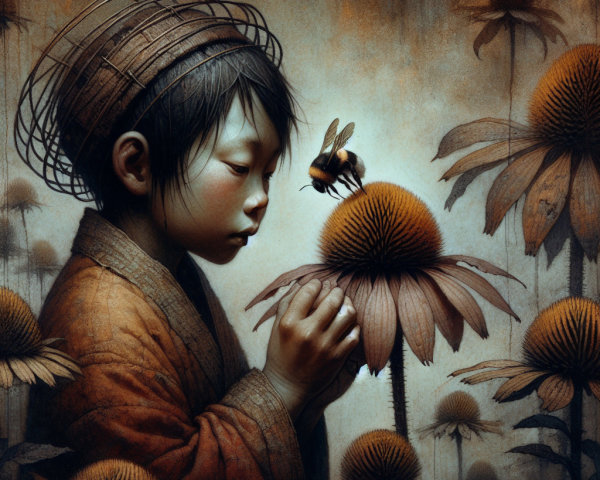 Child in Traditional Attire Observing a Bee on Flower