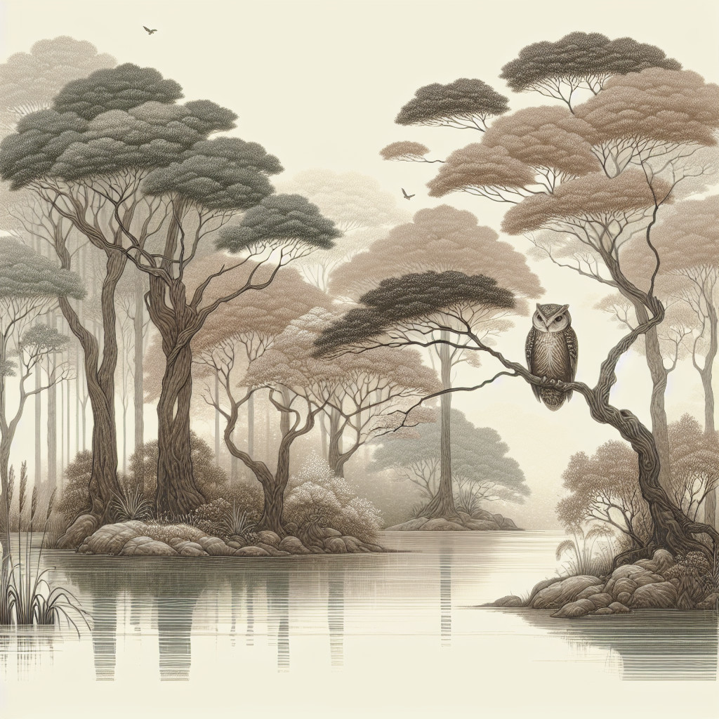 Serene landscape with trees, water, and an owl