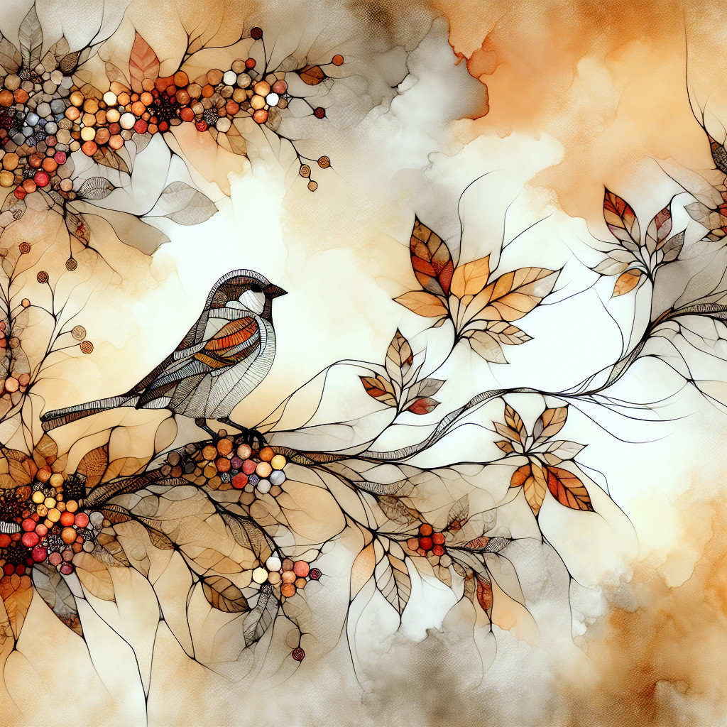 Illustration of a bird on a branch with leaves and berries