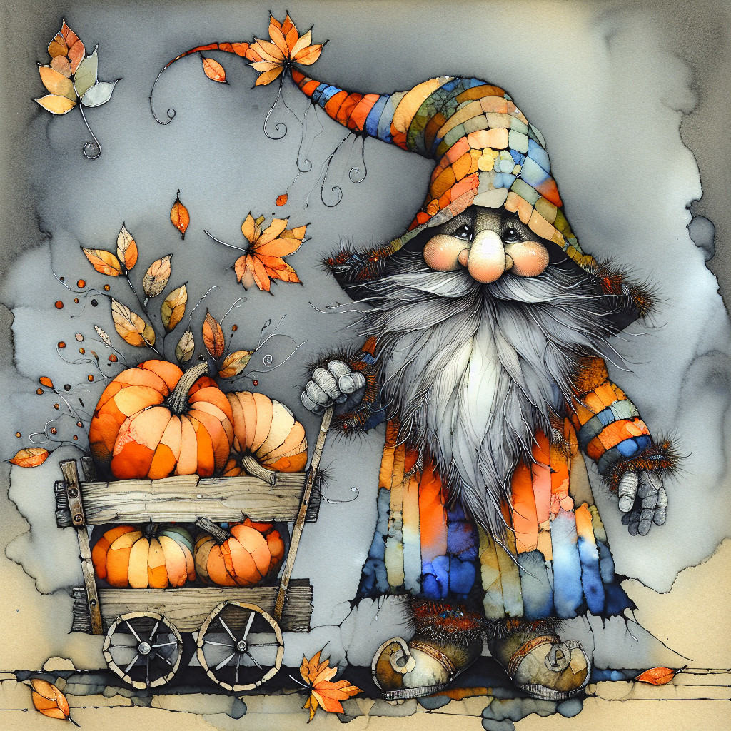 Whimsical Gnome with Colorful Pumpkins in Autumn Scene