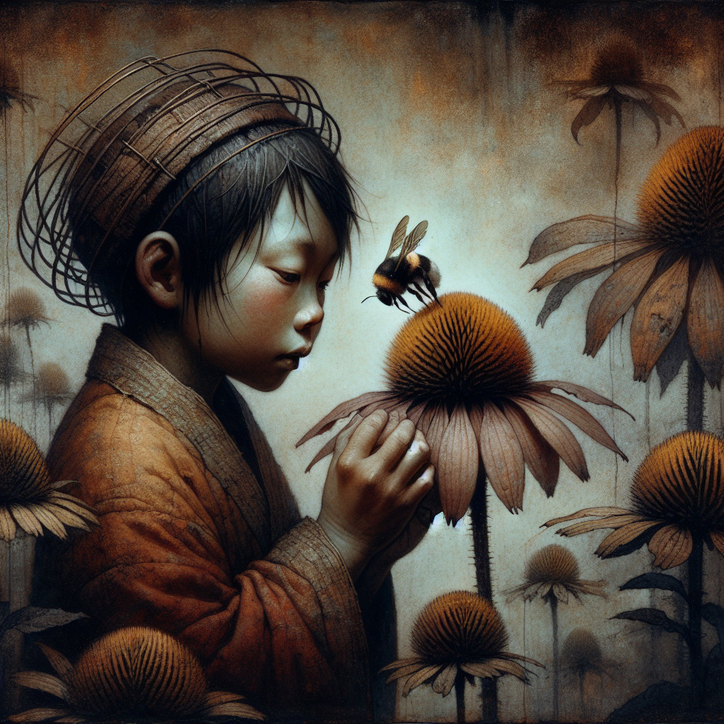 Child in Traditional Attire Observing a Bee on Flower