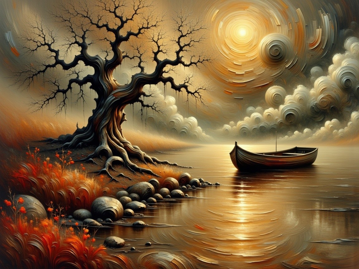 Serene Landscape with Boat on Tranquil River