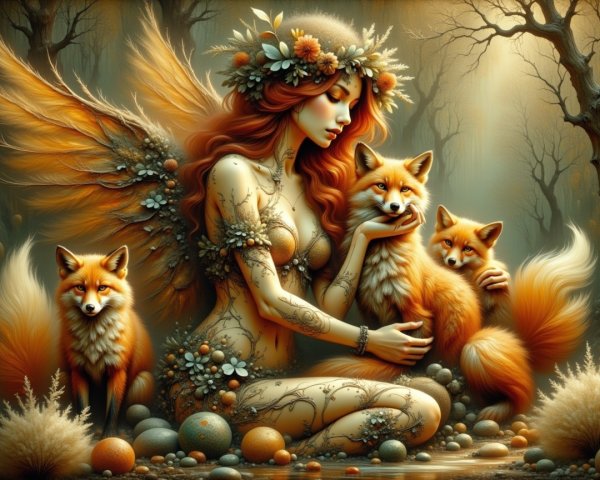 Serene Woman with Foxes in Mystical Forest Setting