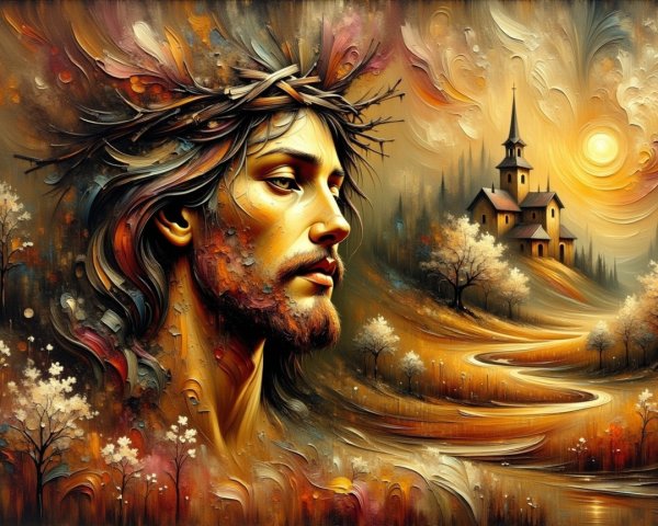 Portrait of a Person with Crown of Thorns in Autumn Landscape