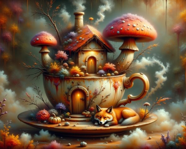 Whimsical Tea Cup Cottage with Colorful Mushrooms