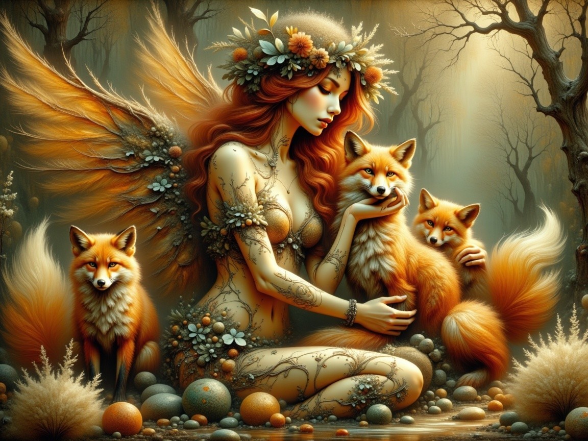 Serene Woman with Foxes in Mystical Forest Setting