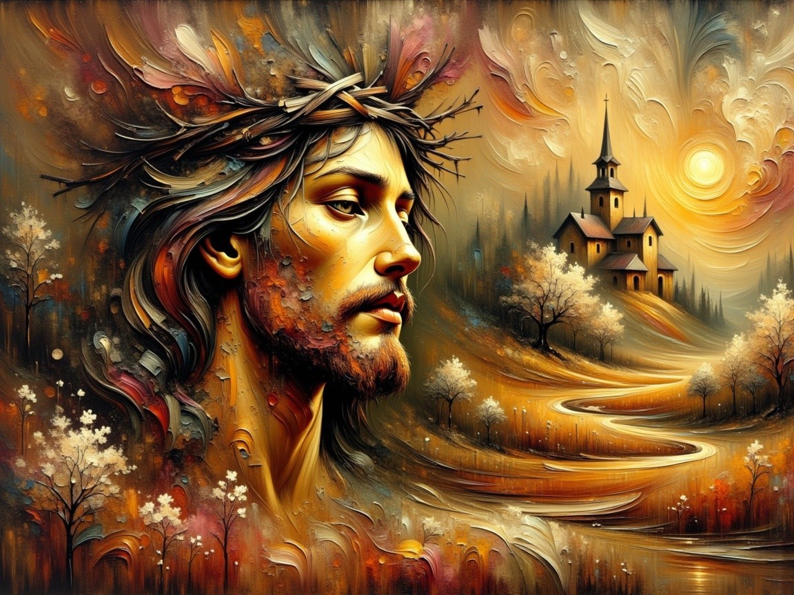Portrait of a Person with Crown of Thorns in Autumn Landscape