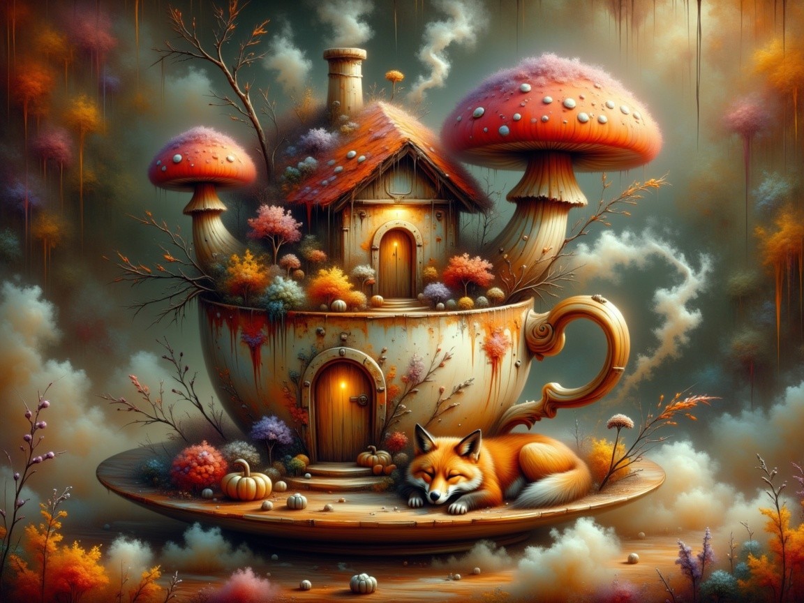 Whimsical Tea Cup Cottage with Colorful Mushrooms