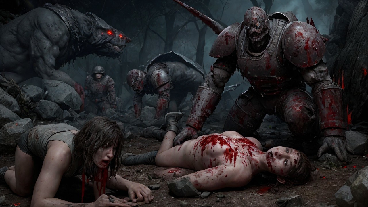 Dark Forest Scene with Bloodied Figures and Monsters