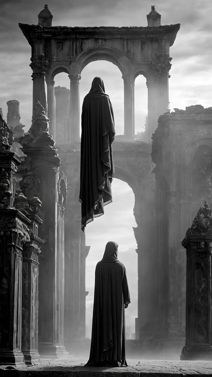 High-angle shot of shrouded figures in misty cathedral