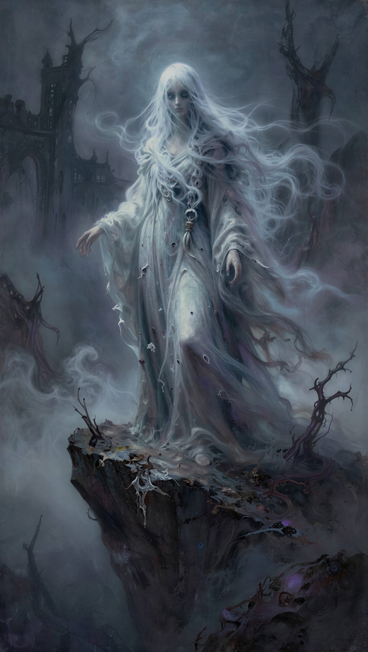 Ghostly Woman in Translucent Gown on Rocky Cliff