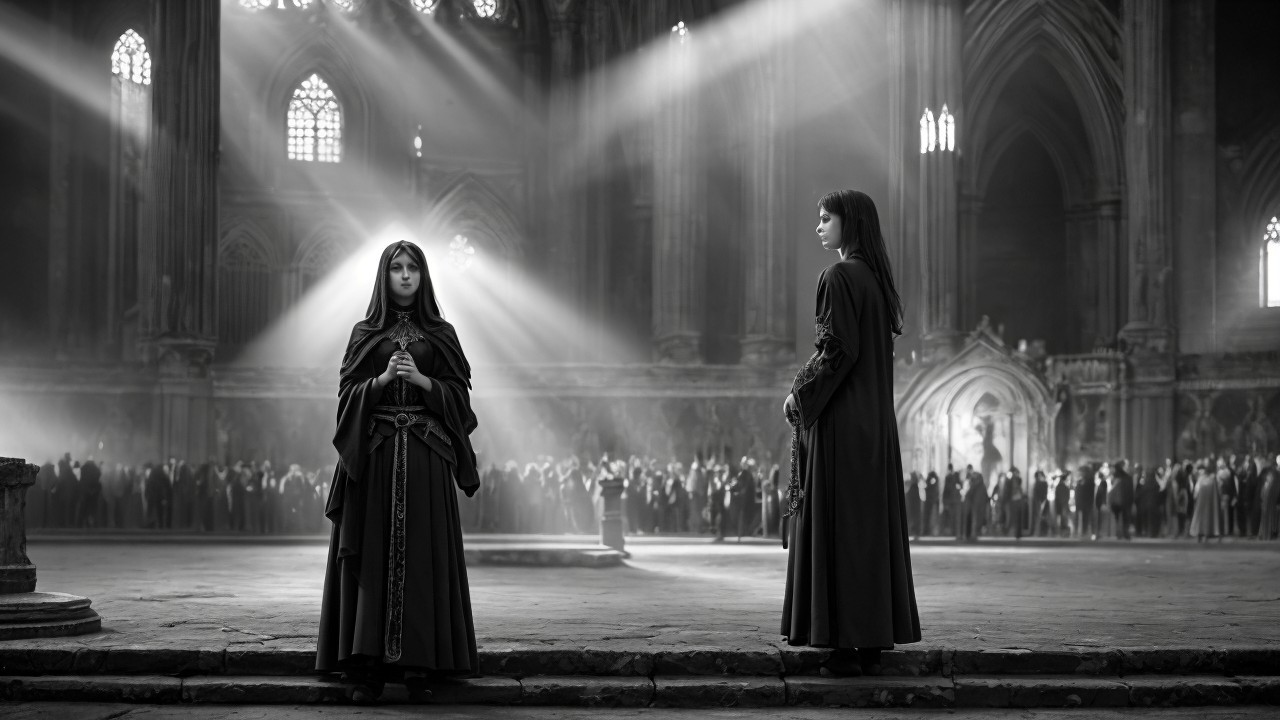 Women in Black Cloaks Inside Cathedral Hall