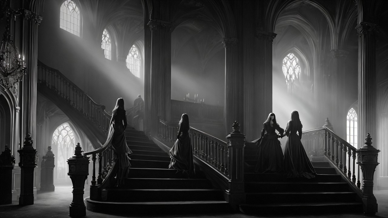 Gothic Foyer with Women in Dark Gowns on Staircase