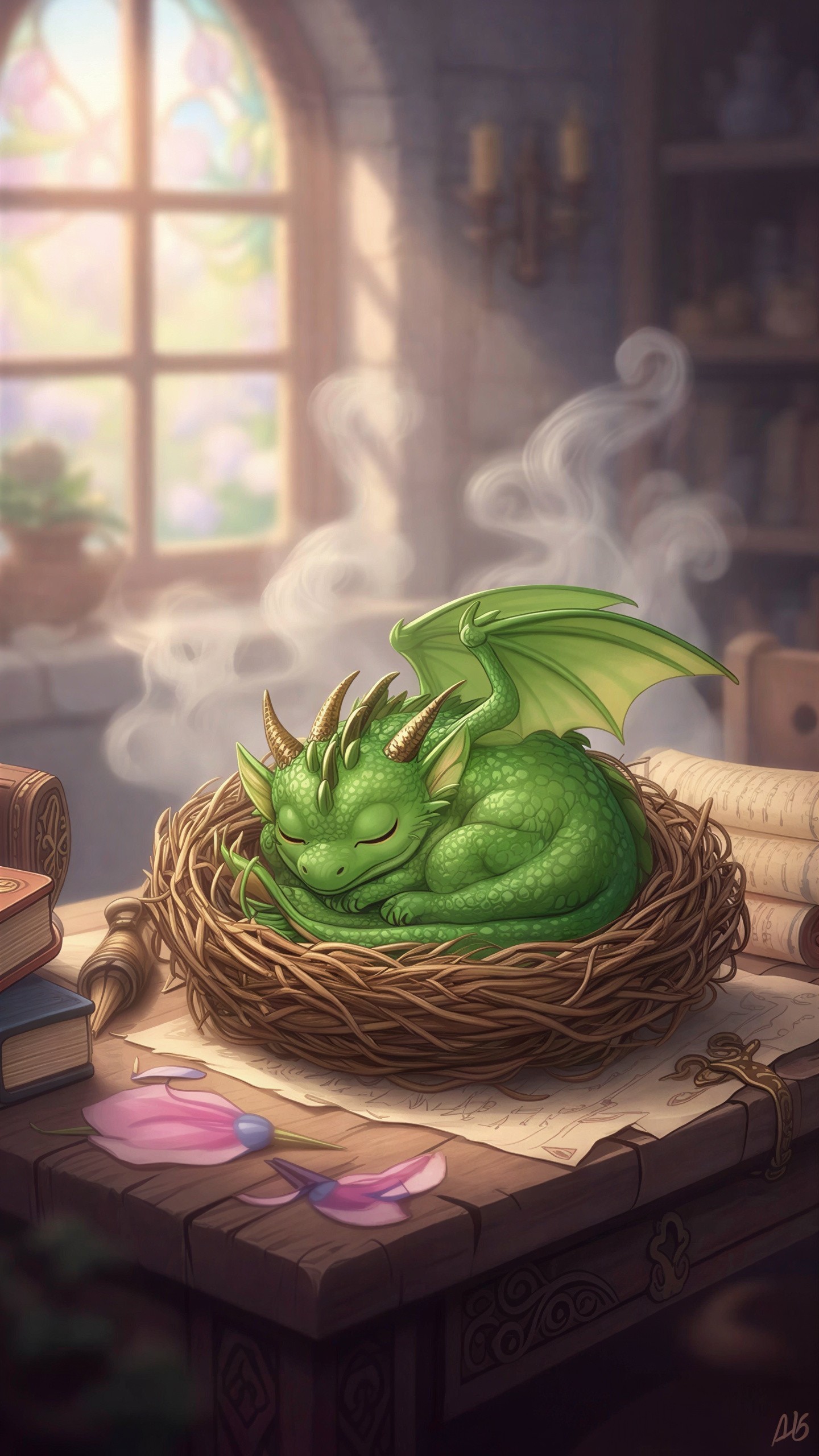 Cute Green Baby Dragon in Bird's Nest on Table