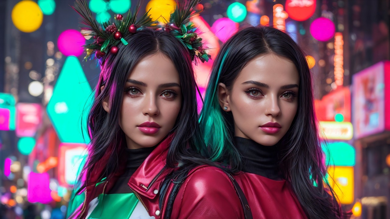 Identical Twin Women in Neon City Night Scene