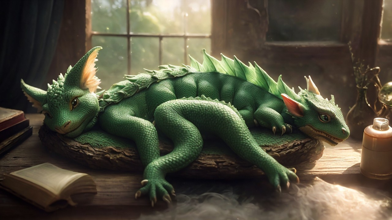 Miniature Green Dragons Basking on Wooden Surface