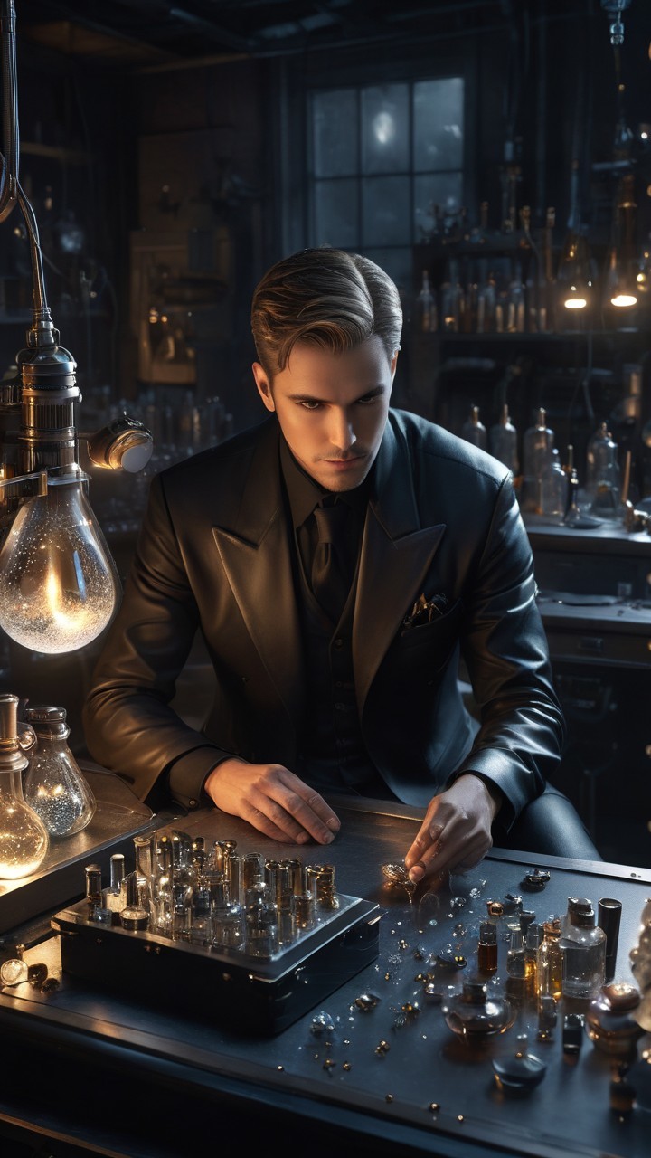 Young man in black suit examines glass vials in lab
