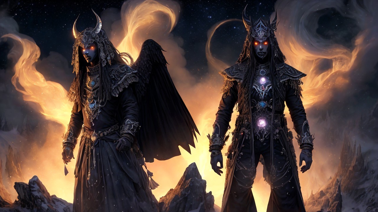 Figures in Armor with Wings Against Fiery Landscape