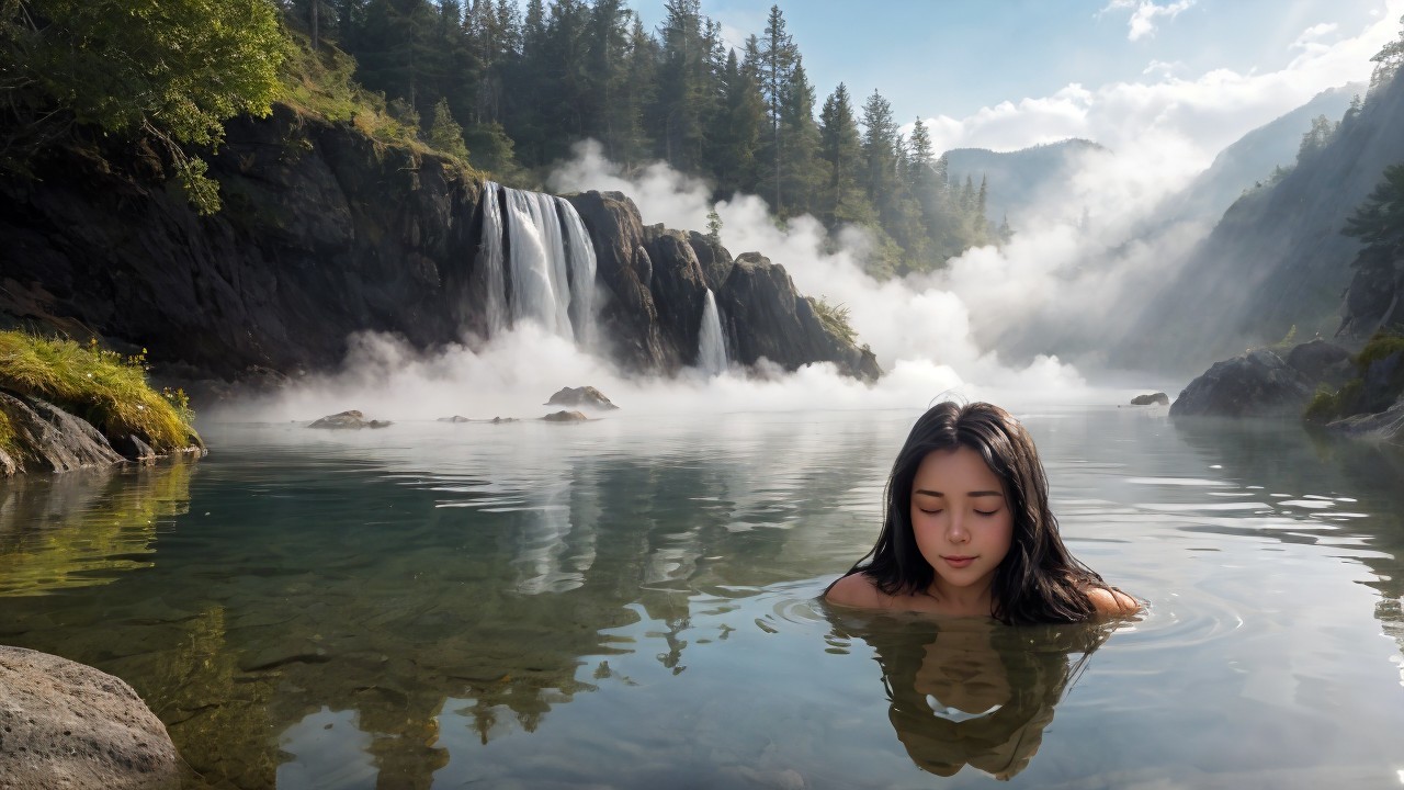 Young Woman in Clear Lake Surrounded by Mountains