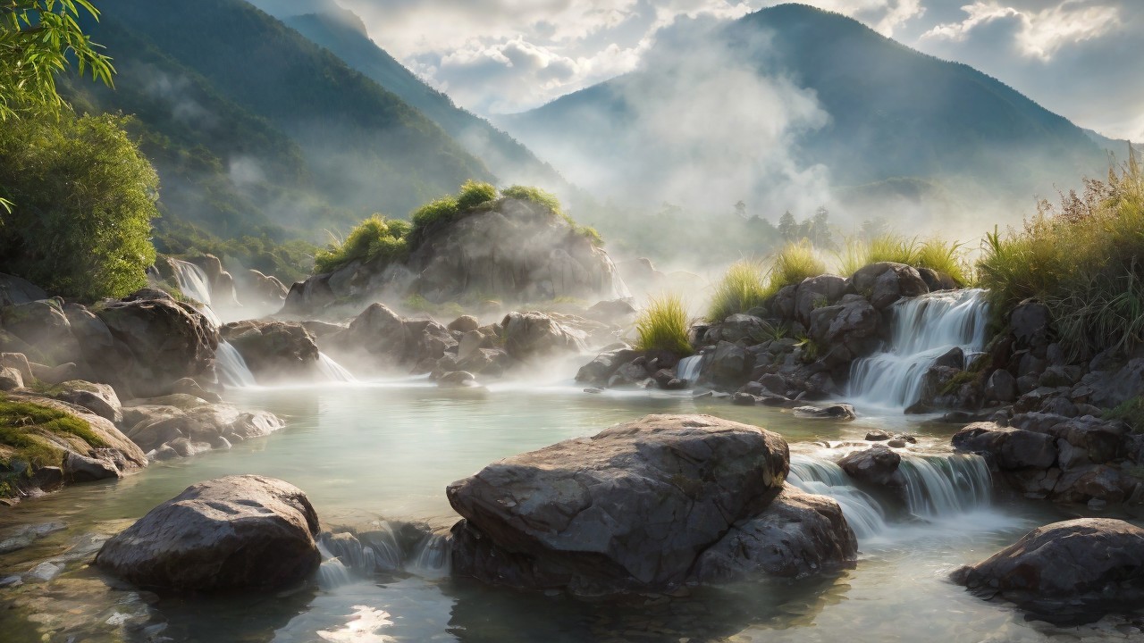 Natural Hot Spring in Misty Mountain Valley