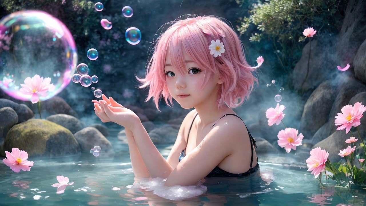 Anime girl with pink hair in serene water scene