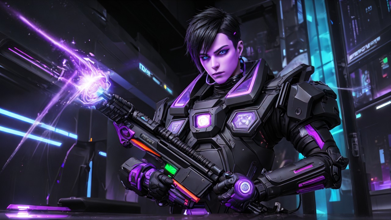 Futuristic character in high-tech armor with energy weapon