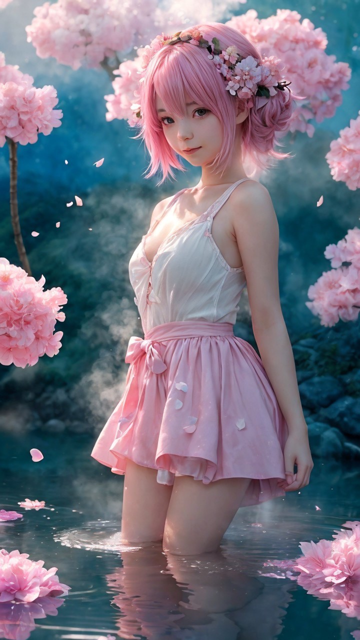Anime girl with pink hair in cherry blossom scene