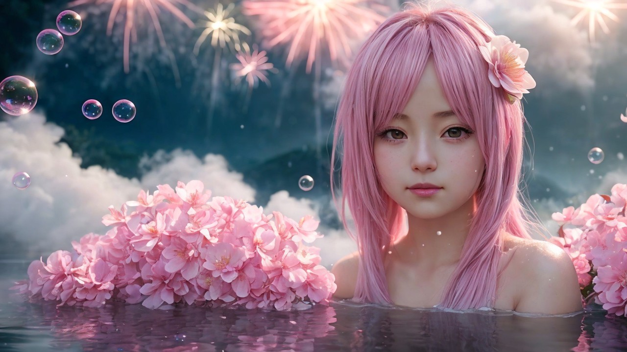 Young girl with pink hair in floral water setting