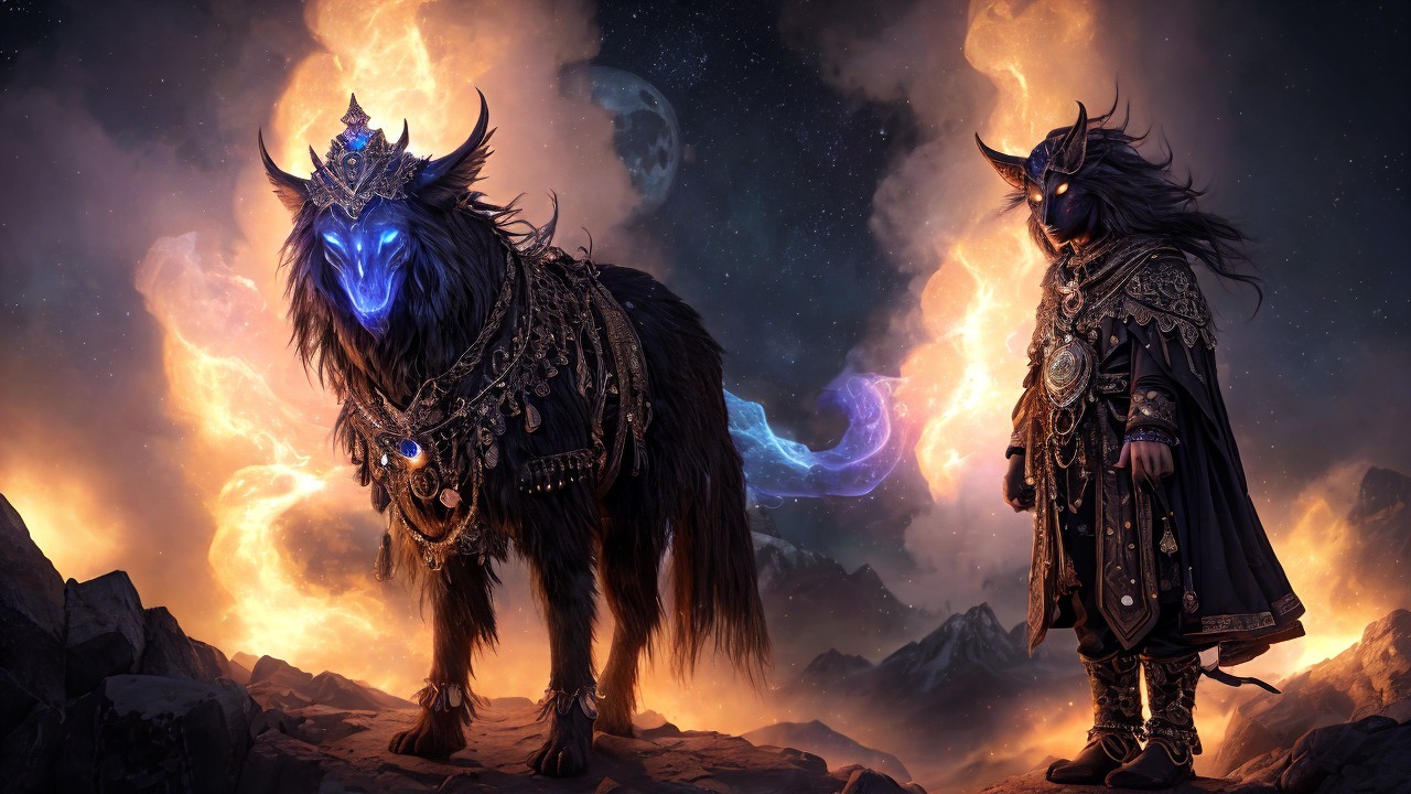 Majestic wolf with glowing accents in cosmic landscape