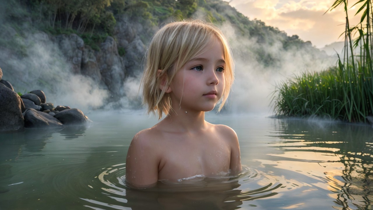 Young Child Above Light Blue Water with Reflection