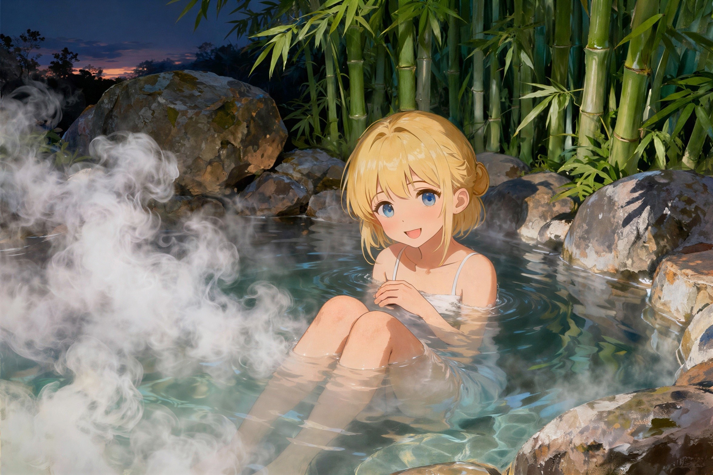 Anime girl in hot spring at twilight with steam
