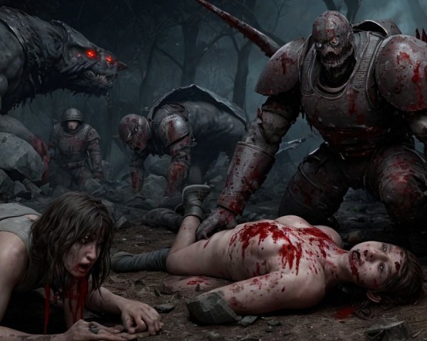 Dark Forest Scene with Bloodied Figures and Monsters