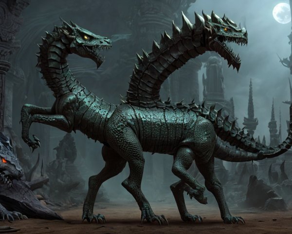 Three-Headed Dragon in Ancient Ruins at Night