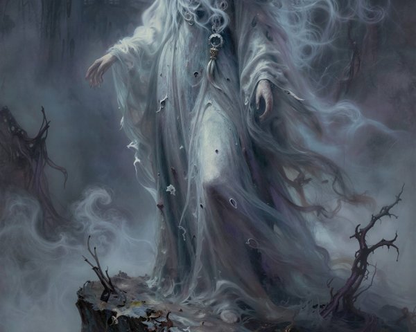 Ghostly Woman in Translucent Gown on Rocky Cliff