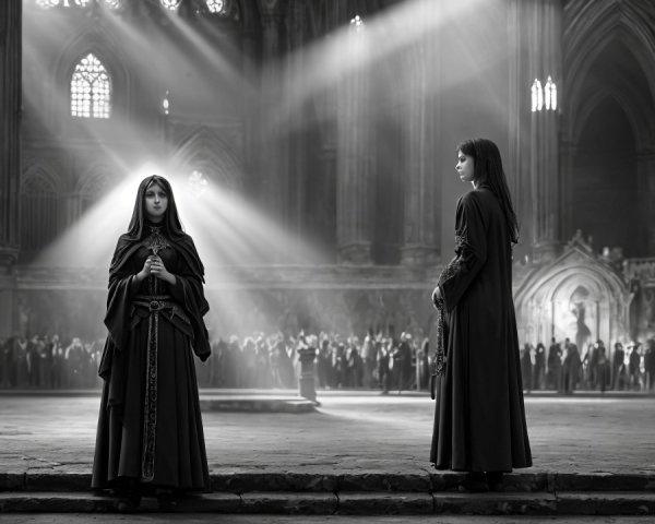 Women in Black Cloaks Inside Cathedral Hall