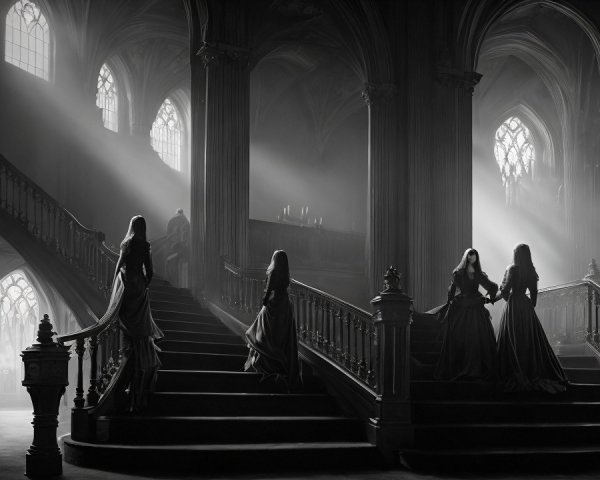 Gothic Foyer with Women in Dark Gowns on Staircase