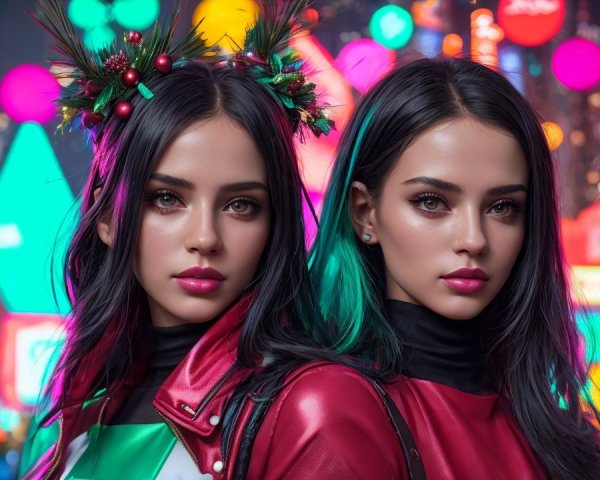 Identical Twin Women in Neon City Night Scene