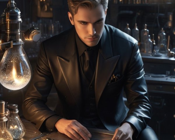 Young man in black suit examines glass vials in lab