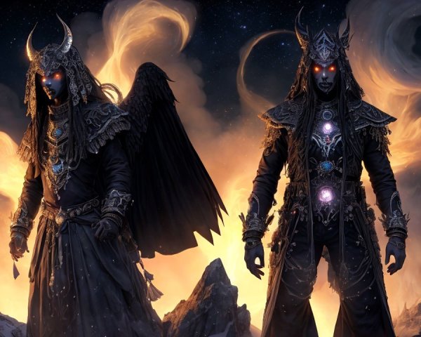 Figures in Armor with Wings Against Fiery Landscape