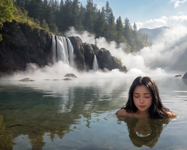 Young Woman in Clear Lake Surrounded by Mountains