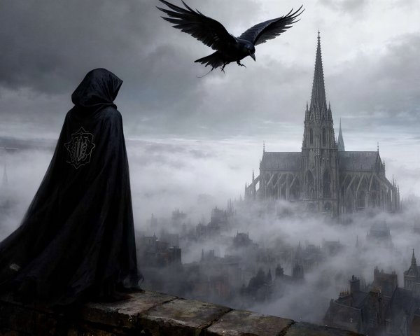 Hooded Figure Overlooking Misty Gothic Cityscape