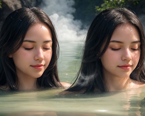 Clones of East-Asian Women in Light Green Water